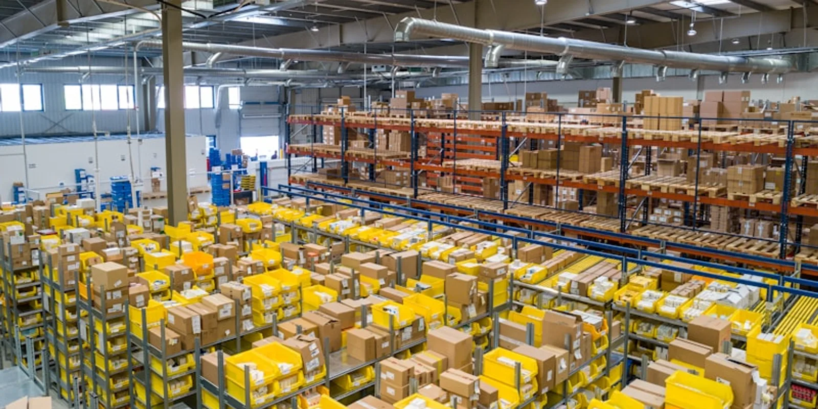 A warehouse fulfillment center with shelves of parcels