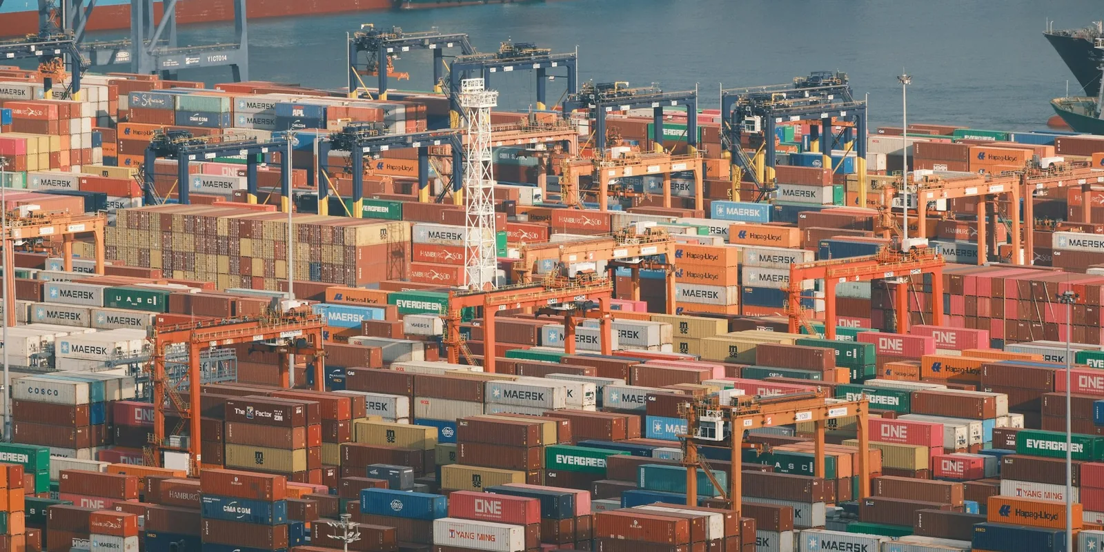 Cargo containers and freight equipment at an international port